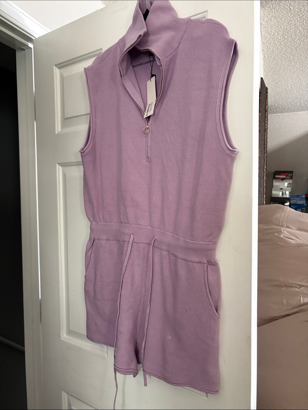 Sleeveless Lavender Knit Romper with Zip Collar